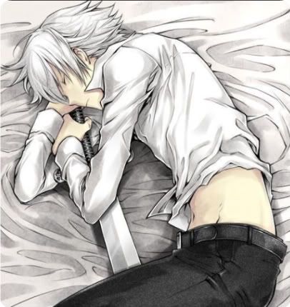 anime boy with white hair. white katana sword,
