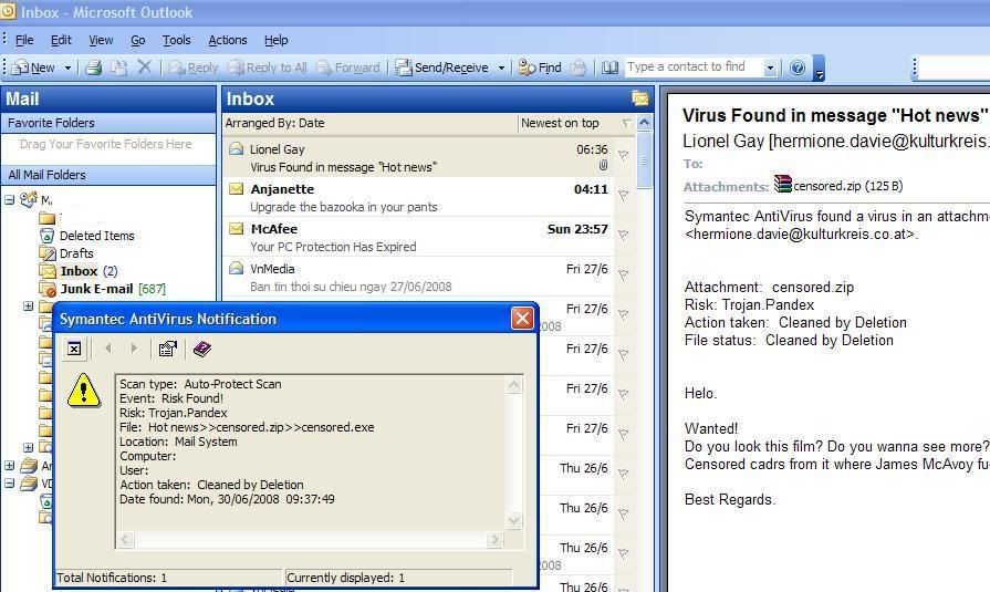 Một tập tin đính kèm email có nội dung HOT bị phát hiện rằng có virus