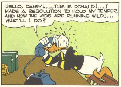 "Hallo Daisy... ja, hier Donald... ich hab' mich heute den ganzen Tag unaufhörlich beherrscht. Nun sind die Kinder außer Rand und Band. Was soll ich tun?"