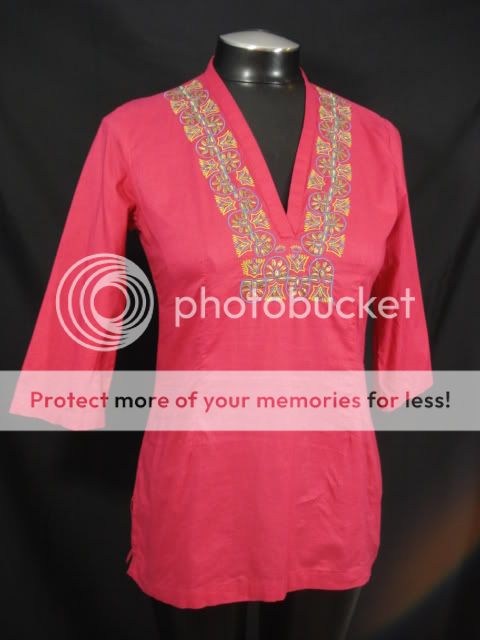 Size S Pink Leaf Embroidered Cotton Fitted Tunic Shirt  
