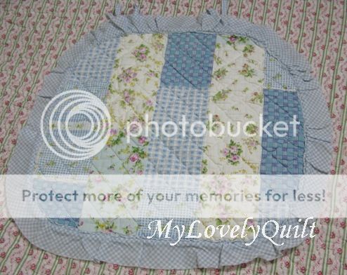 Quilted Ruffled Blue Patches Chair Pad w Tie 38x38cm BN